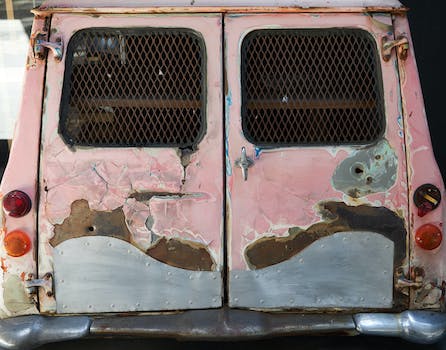 Old automobile with broken taillights and windows with lattice covered with rust and scratches