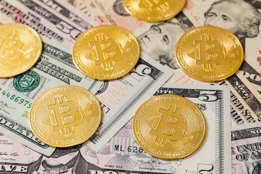 Close-Up Shot of Bitcoins on Paper Money